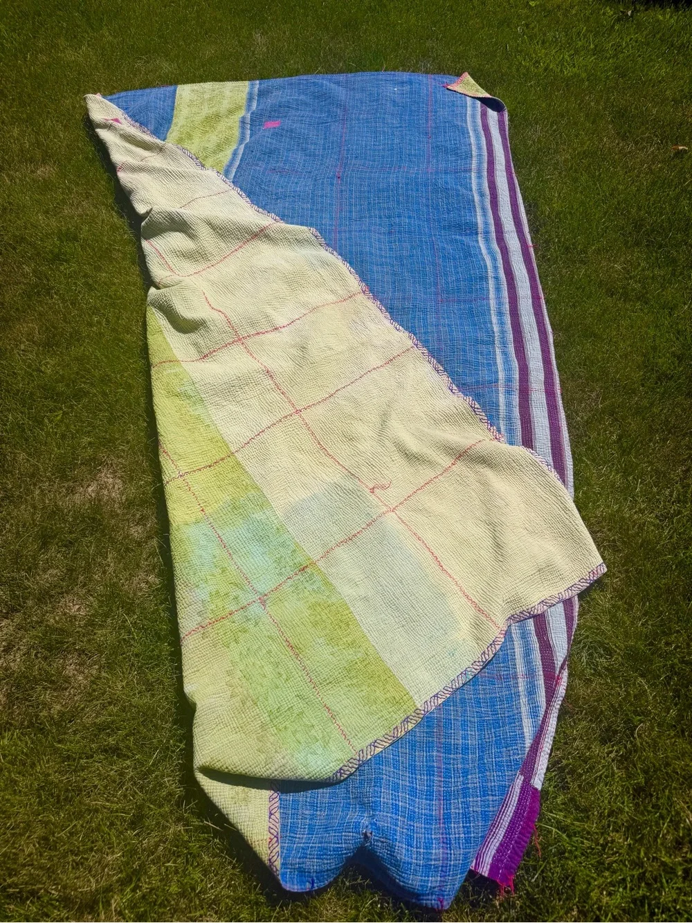 Handwoven Blue and Lime Kantha Throw with Pink Patches